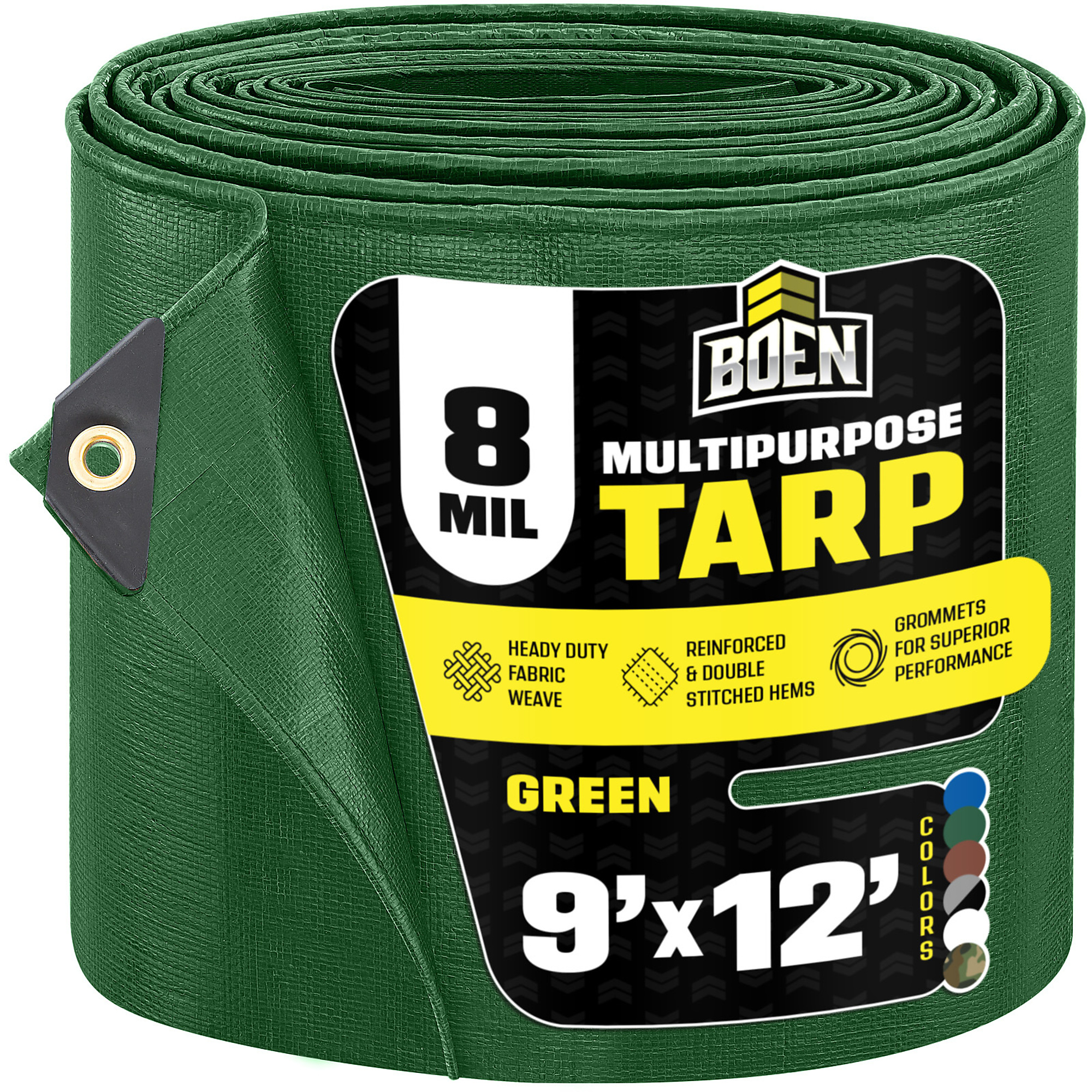 Boen 9 ft x 12 ft Green Tarp, 8 Mil Thick Multi-Purpose Large Waterproof Cover, Rip Proof Tarps, Thick Weave Material, UV Resistant Great for Tarpaulin Canopy Tent, Boat, RV or Pool Cover